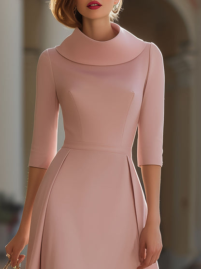 Elegant Blush Pink Cowl Neck Midi Dress With Pleated Details