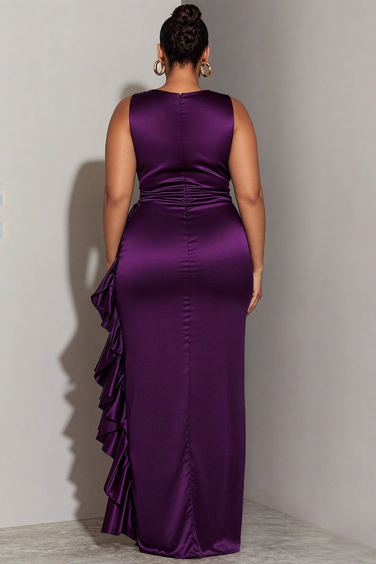 Party Purple Wrap Neck Split Elegant Ruffle Satin Maxi Dresses