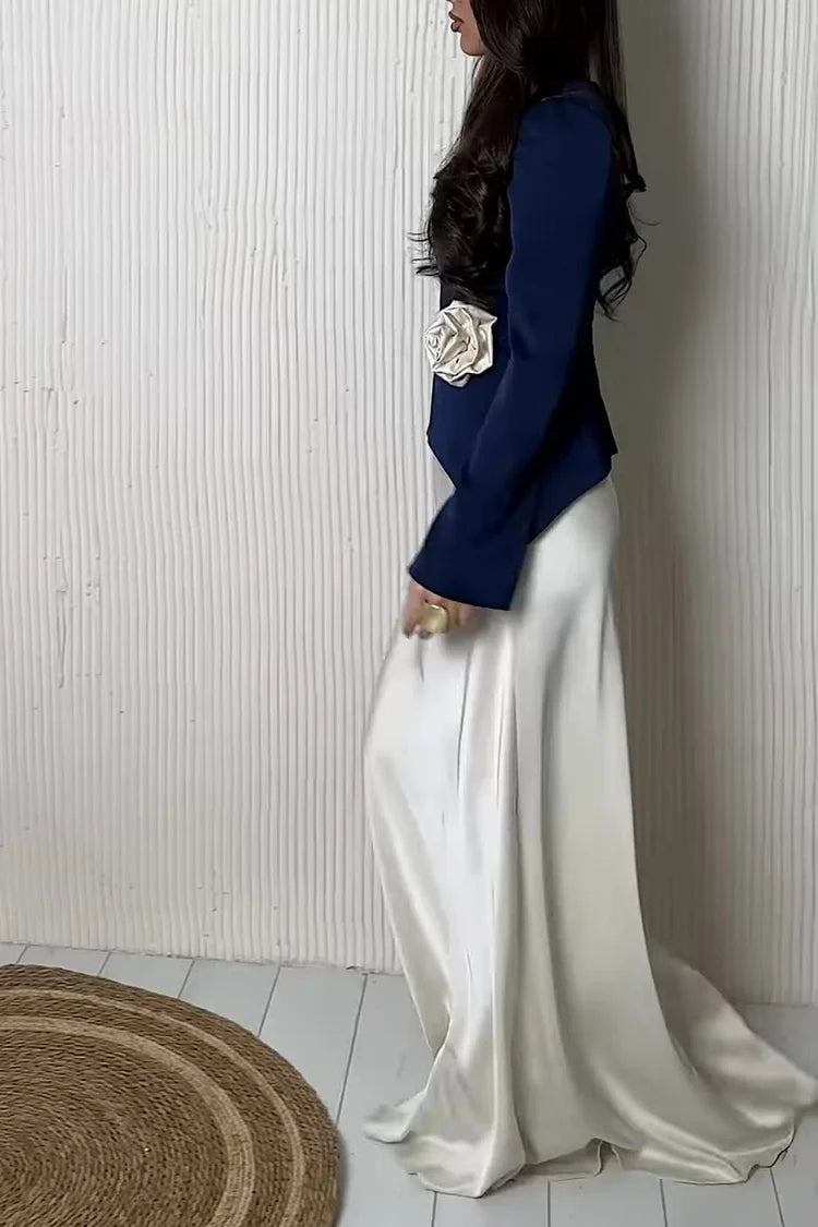 Colorblock Floral Rosette Asymmetric Hem Top Maxi Dress