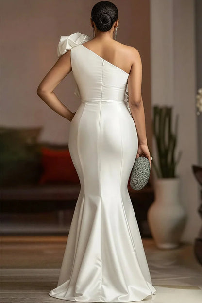 White One Shoulder Ruffle Elegant Bodycon Satin Maxi Dress