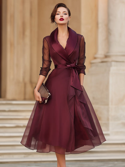 Elegant Wrap Midi Dress With Sheer Sleeves