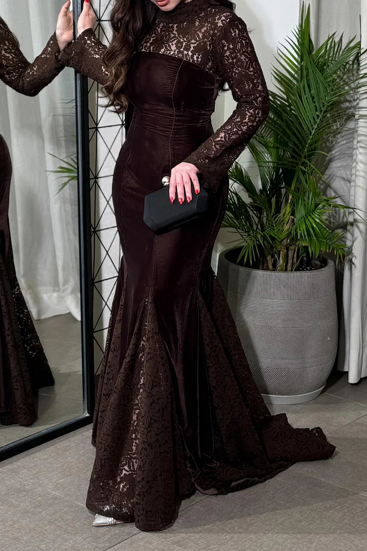 Sheer Lace Mock Neck Velvet Patch Mermaid Party Maxi Dress