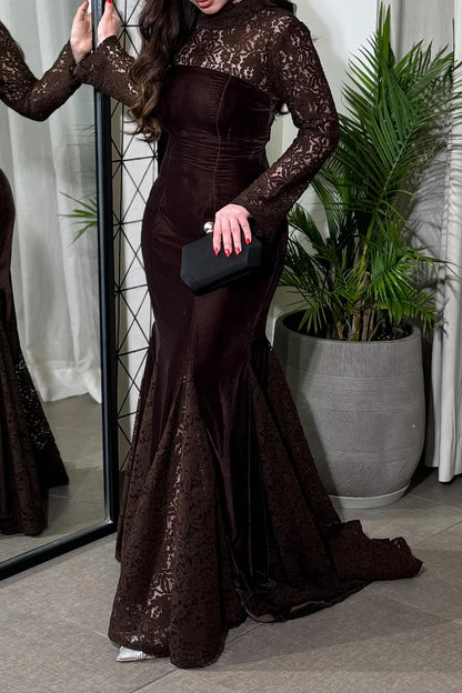 Sheer Lace Mock Neck Velvet Patch Mermaid Party Maxi Dress