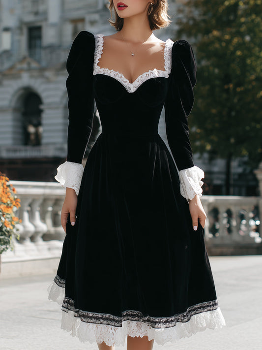 Timeless Grace: Black Velvet Midi Dress With Lace Accents