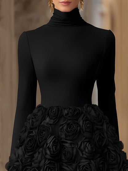 High-Neck Sculpted Rose Appliqué Mini Dress