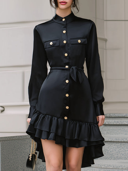Elegant Black Satin Ruffled Shirt Dress With Gold Buttons