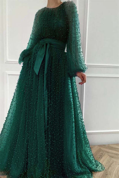 Long Sleeves Long Jewel Neck Prom Dress With Pleated Beading
