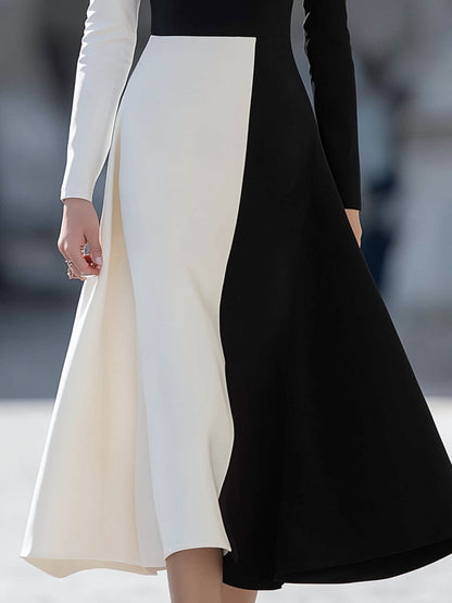 Monochrome High-Neck A-Line Midi Dress