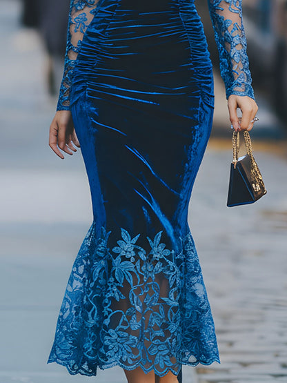 Opulent Navy Velvet & Lace Trumpet Midi Dress