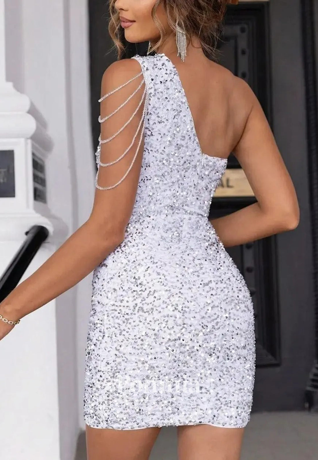 Sparkly One Shouldr Sleeveless Sequins Mini Homecoming Dress