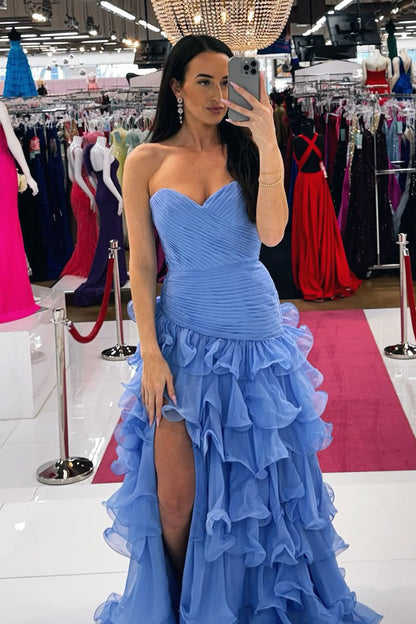 Sheath Sweetheart Blue Chiffon Tiered Prom Dress with Slit