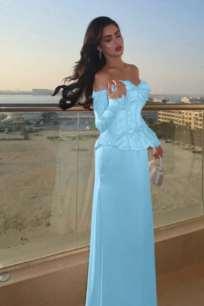 Sweetheart Strapless Long Sleeves Long Prom Dress With Bow And Beadings