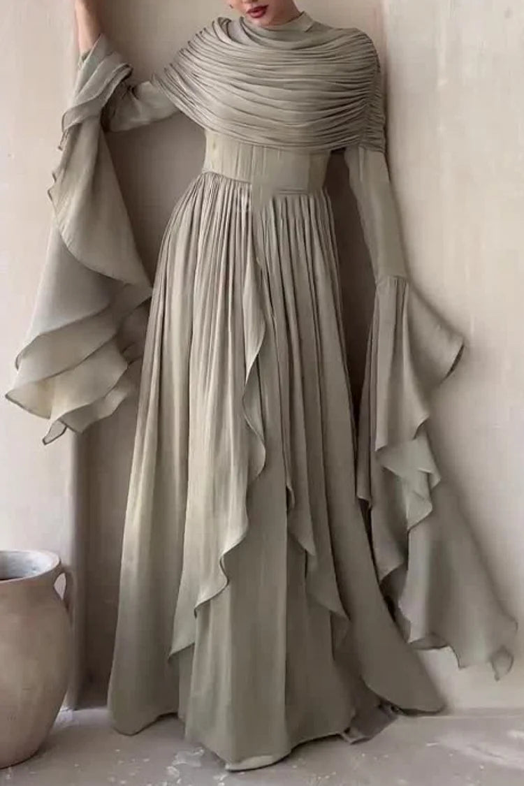 Draped Shoulder Pleated Slit Ruffled Trim Bell Sleeve Maxi Dress