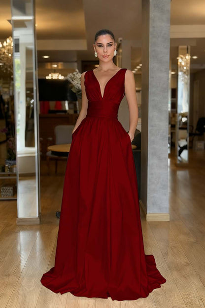 Sleeveless High Waist Long Prom Dress With Pockets Pleated