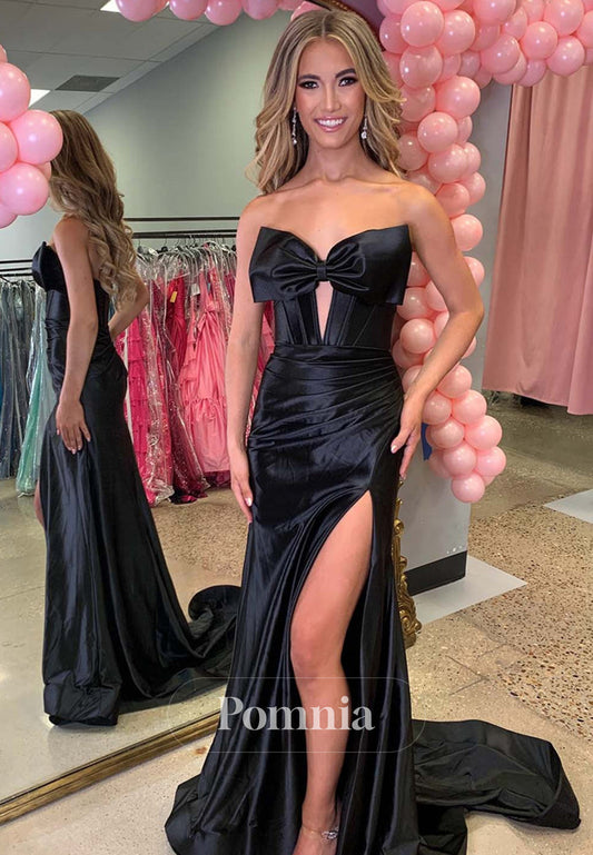 Sheath Sleeveless Strapless Prom Dress with Slit Bowknot Evening Party Dress