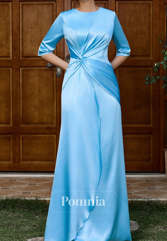 Sky Blue Half-Sleeves Ruched A-Line  Mother of the Bride Dress