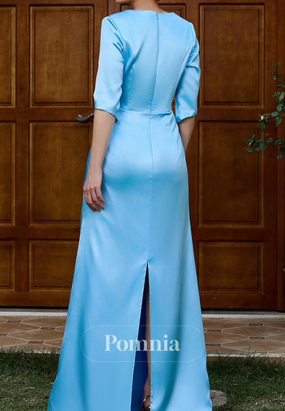 Sky Blue Half-Sleeves Ruched A-Line  Mother of the Bride Dress