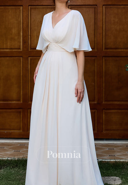 White Cap Sleeves V-Neck A-Line Chiffon  Mother of the Bride Dress