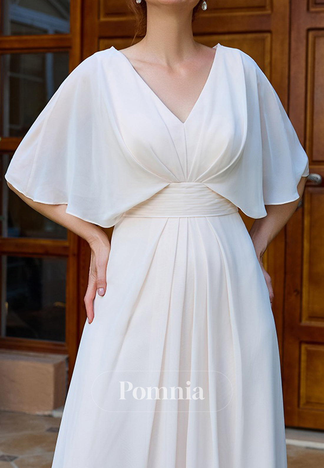White Cap Sleeves V-Neck A-Line Chiffon  Mother of the Bride Dress