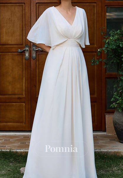 White Cap Sleeves V-Neck A-Line Chiffon  Mother of the Bride Dress