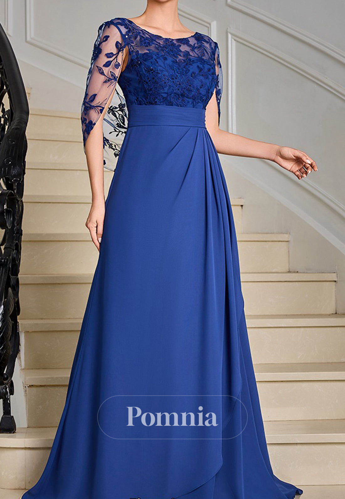 Royal Blue Cap Sleeves A-Line Empire-Waist  Mother of the Bride Dress