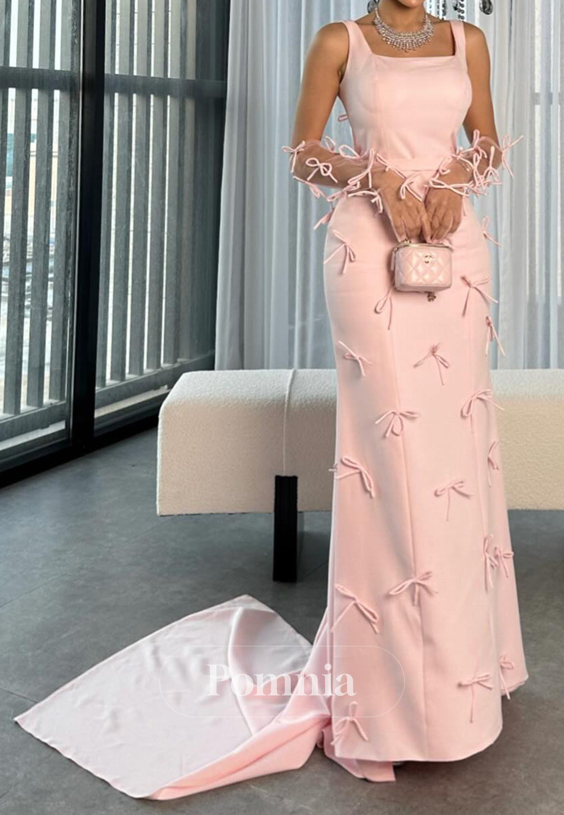 Blushing Pink Spaghettti Straps Square Bowknot Evening Dress