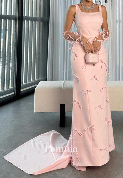 Blushing Pink Spaghettti Straps Square Bowknot Evening Dress