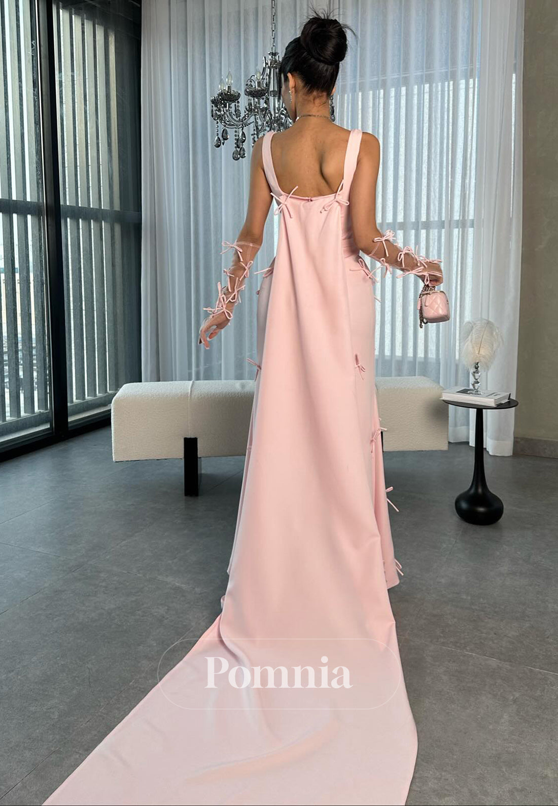 Blushing Pink Spaghettti Straps Square Bowknot Evening Dress