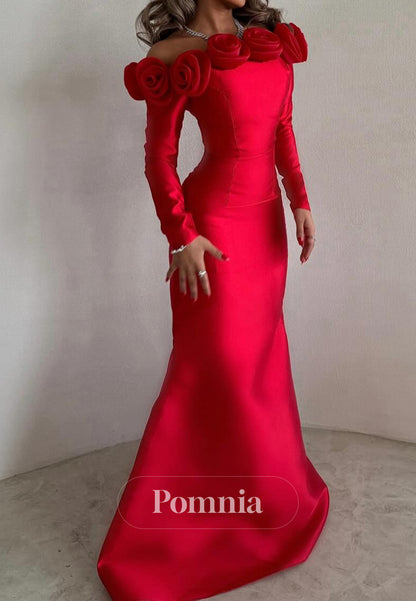 Red Long Sleeves Off-Shoulder Floral Appliques Evening Dress