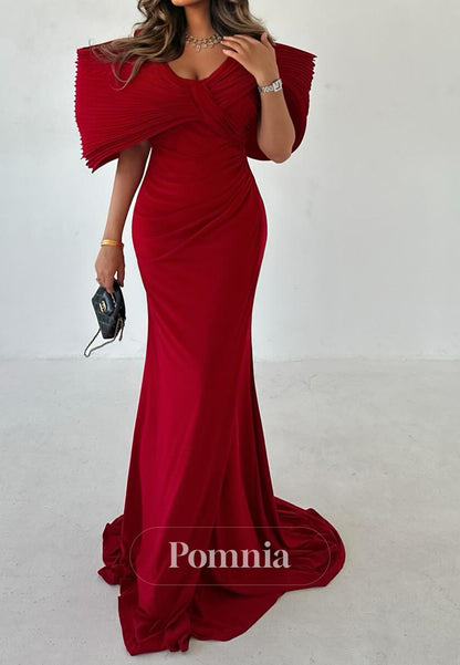 Red Off-Shoulder Cap Sleeves A-Line Evening Dress