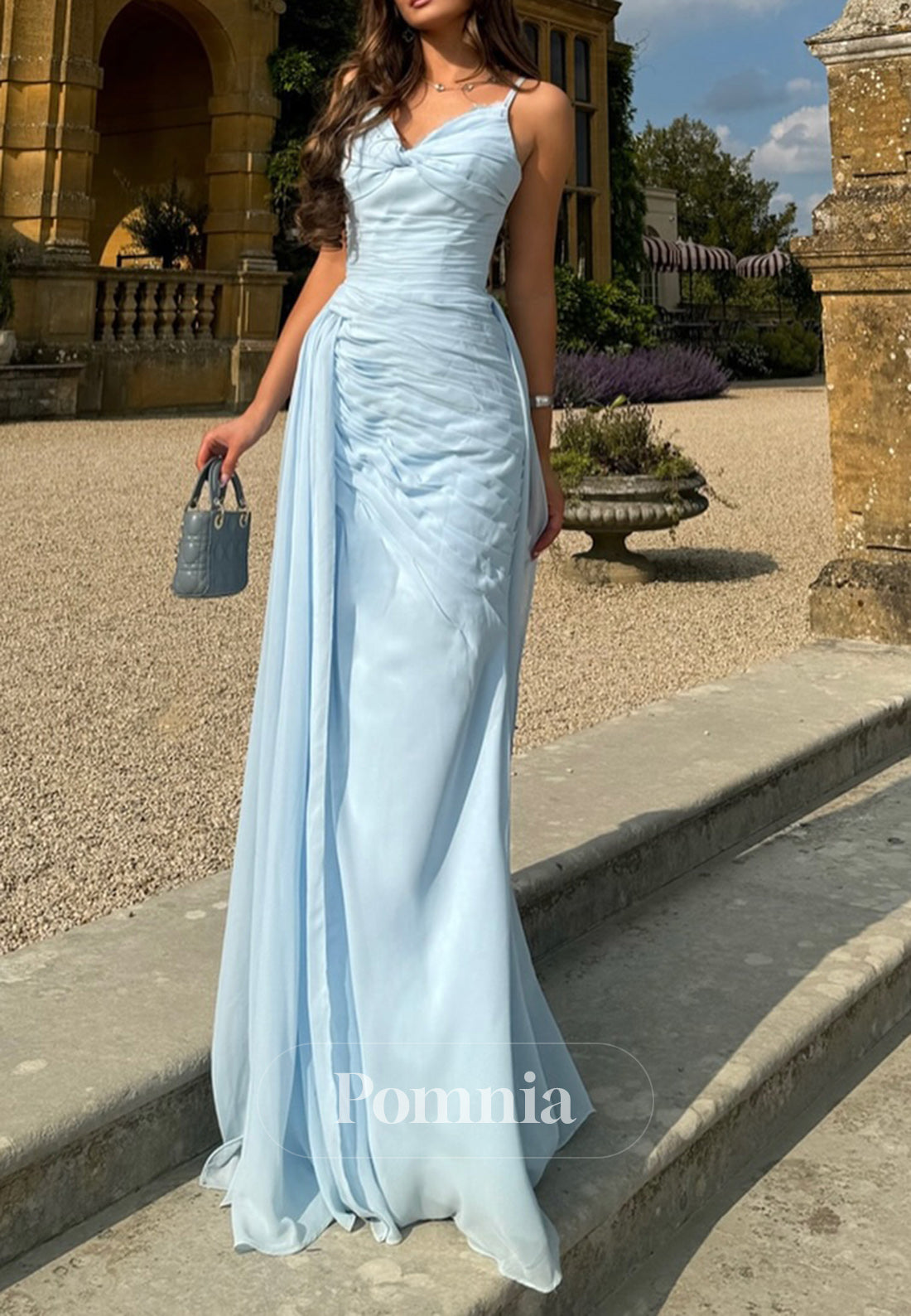 Sky Blue Spaghetti Straps V-Neck Ruched A-Line Evening Dress