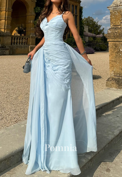 Sky Blue Spaghetti Straps V-Neck Ruched A-Line Evening Dress