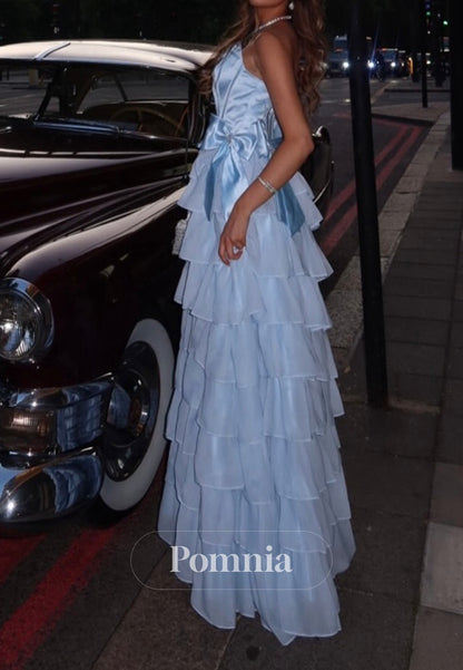 Sky Blue A-Line Sleeveless Strapless Ruffles Prom Dress
