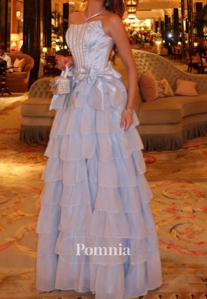 Sky Blue A-Line Sleeveless Strapless Ruffles Prom Dress