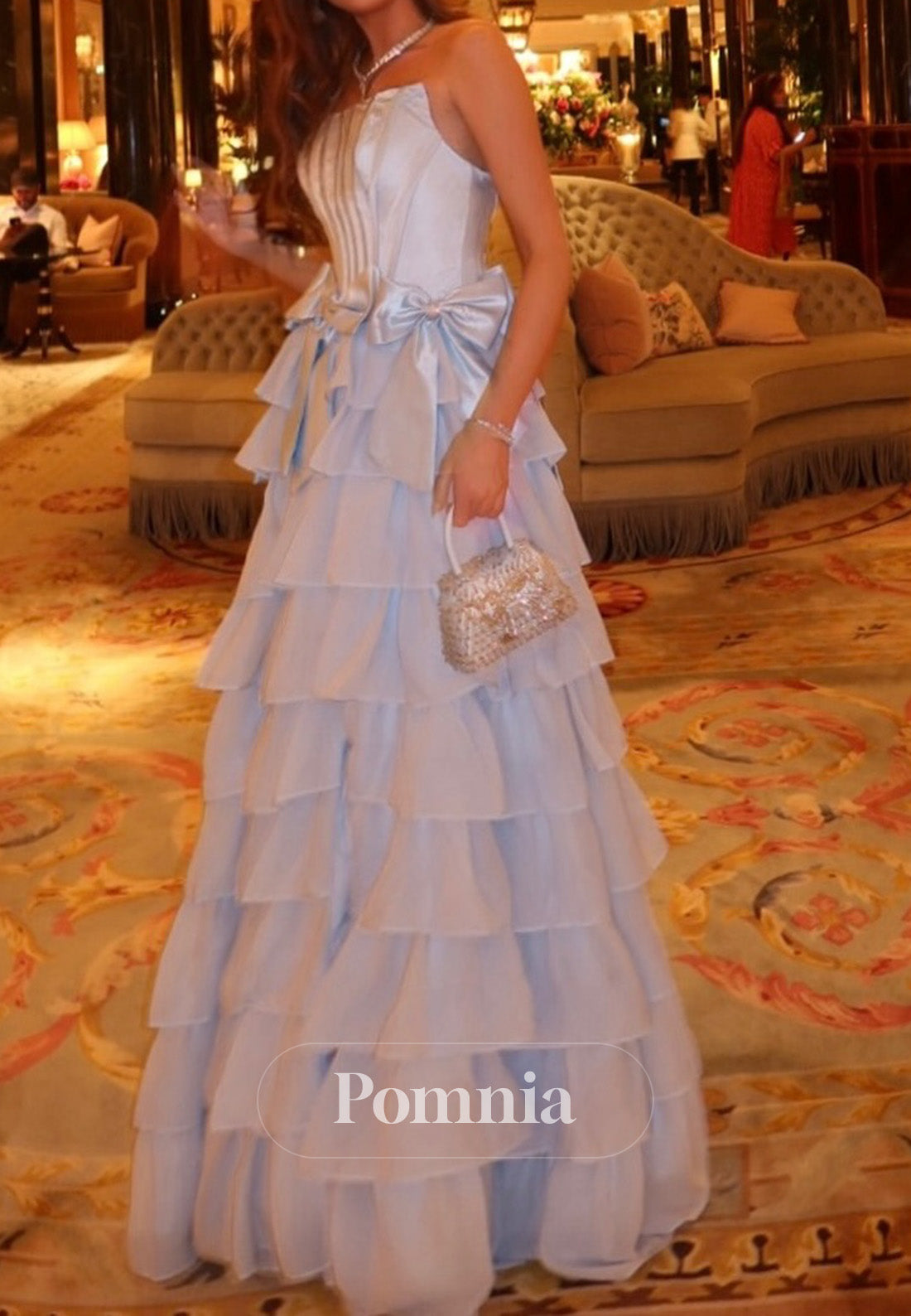 Sky Blue A-Line Sleeveless Strapless Ruffles Prom Dress