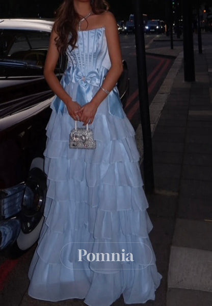 Sky Blue A-Line Sleeveless Strapless Ruffles Prom Dress