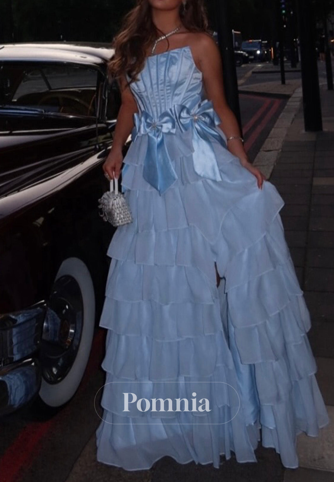 Sky Blue A-Line Sleeveless Strapless Ruffles Prom Dress