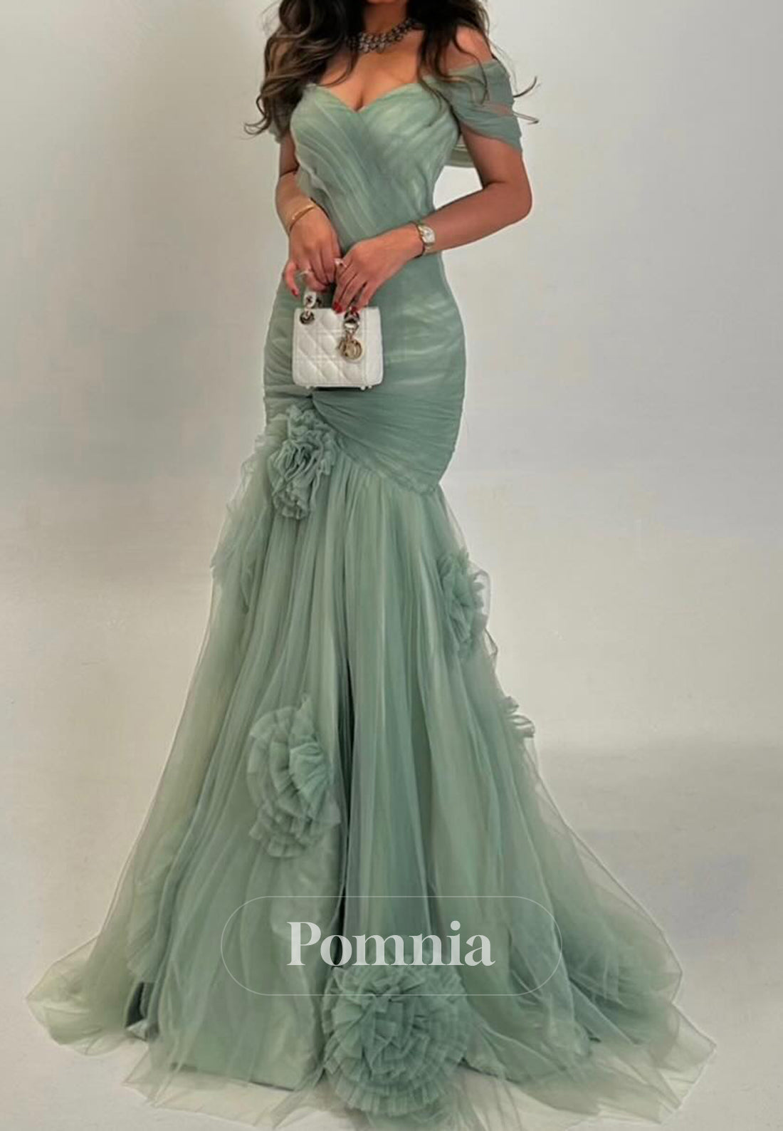 Dusty Sage A-Line Sleeveless Strapless Ruffles Prom Dress
