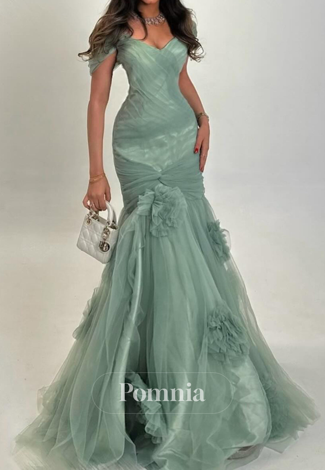 Dusty Sage A-Line Sleeveless Strapless Ruffles Prom Dress