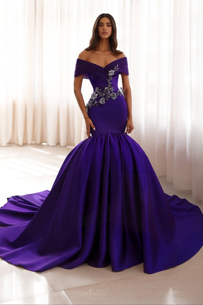 Off-the-Shoulder Mermaid Long Formal Evening Dresses with Applique