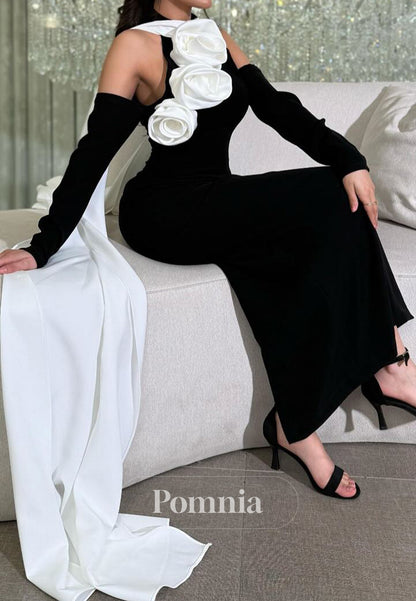 Black A-Line Floral Appliques Empire-Waist Prom Dress