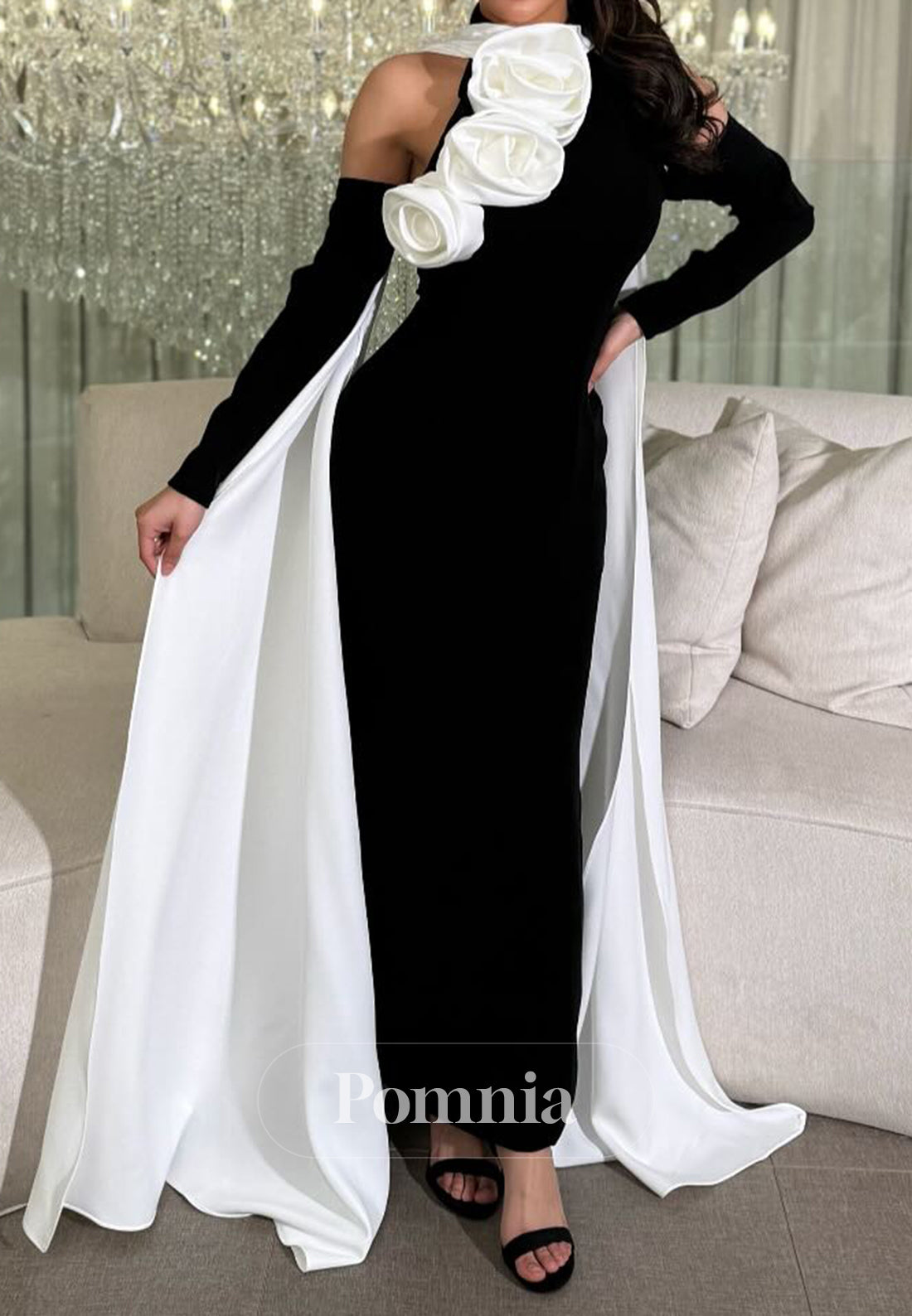 Black A-Line Floral Appliques Empire-Waist Prom Dress