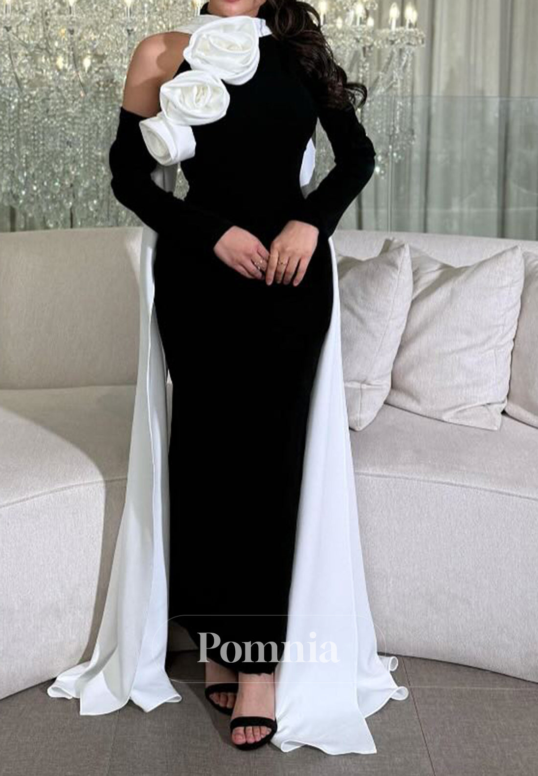 Black A-Line Floral Appliques Empire-Waist Prom Dress