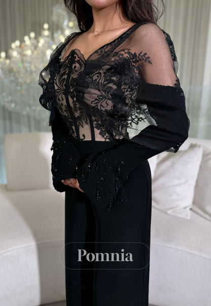 Black Long Sleeves V-Neck Corset Tulle A-Line Prom Dress