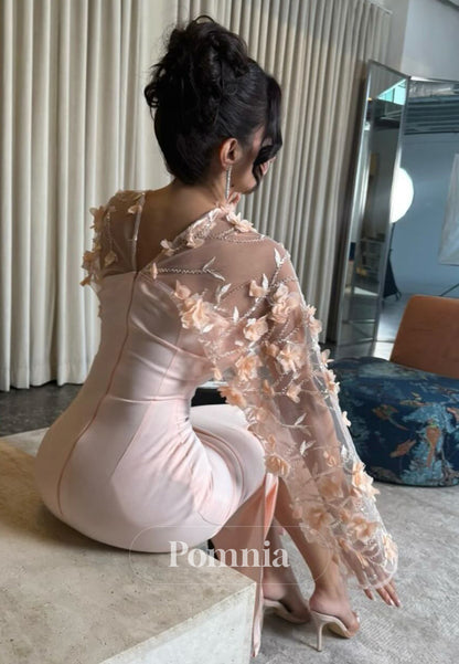 Blushing Pink Long Sleeves V-Neck Floral Appliques Prom Dress