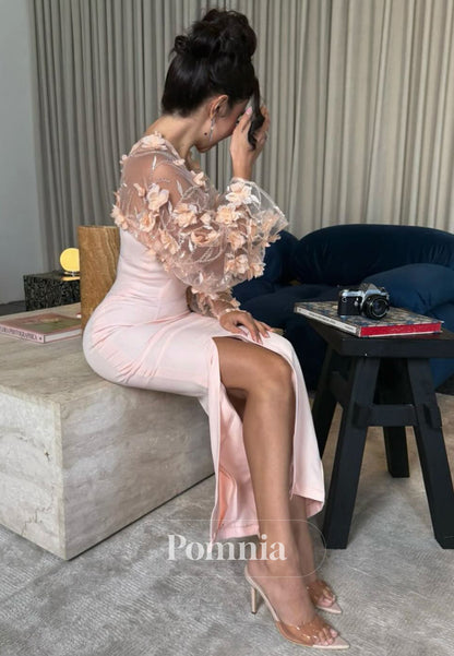 Blushing Pink Long Sleeves V-Neck Floral Appliques Prom Dress