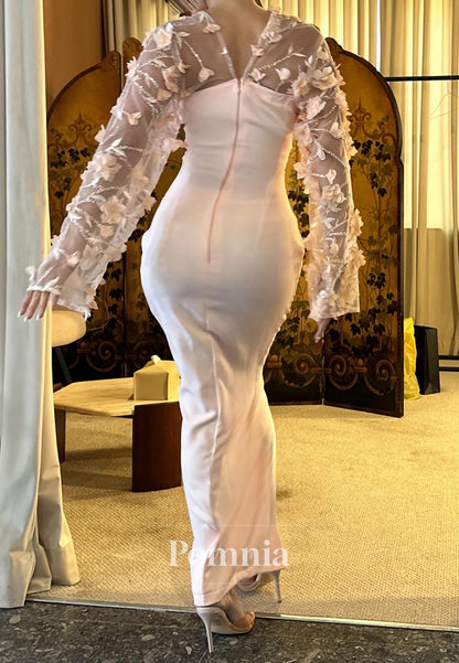 Blushing Pink Long Sleeves V-Neck Floral Appliques Prom Dress