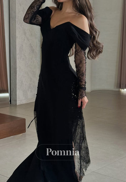 Black Long Sleeves Sweetheart Slit Lace Prom Dress