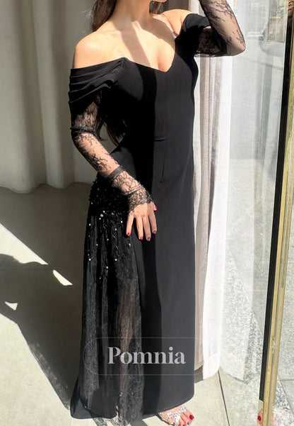 Black Long Sleeves Sweetheart Slit Lace Prom Dress