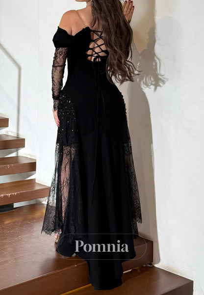 Black Long Sleeves Sweetheart Slit Lace Prom Dress